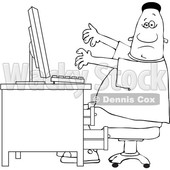 Clipart of a Cartoon Lineart Black Man Working at a Computer Desk - Royalty Free Vector Illustration © djart #1603880