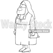Clipart of a Cartoon Lineart Black Nun Carrying a Bible and Wearing a Cross Around Her Neck - Royalty Free Vector Illustration © djart #1608364