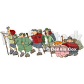 Three Couples With One Skinny Partner And One Chubby Partner Per Couple, All Taking A Hike Together While Two Of Them Struggle Clipart Illustration © djart #16145