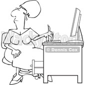 Clipart of a Cartoon Lineart Black Woman Working at an Office Desk - Royalty Free Vector Illustration © djart #1615413