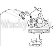 Clipart of a Cartoon Lineart Dog Fishing - Royalty Free Vector Illustration © djart #1616722