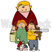 Blond Woman, A Mother, Standing Behind Her Two Children, A Red Haired Girl In A Green Dress Who Is Carrying Her Doll, And A Boy, Her Son, Who Is Wearing A Yellow Shirt And Carrying His Teddy Bear Clipart Illustration Graphic © djart #16242