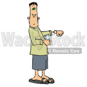 Rushed Young Caucasian Man In A Green Shirt, Blue Shorts And Sandals, Checking His Watch While Listening To Music On An Mp3 Player Clipart Illustration Graphic © djart #16246