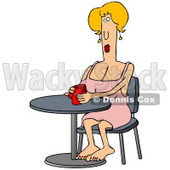 Clipart Illustration Image of a Blond Caucasian Woman In A Pink Dress, Sitting Barefoot At A Table And Cupping Her Hands Around A Warm Red Mug Of Coffee © djart #16281