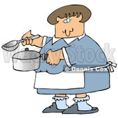 Clipart Illustration Image of a Caucasian Woman In A Blue Dress, White Apron, Blue Socks And Slippers, Holding A Spoon And Pot While Cooking Soup For Supper In A Kitchen © djart #16283