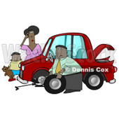 Little African American Boy Holding His Teddy Bear And Standing By A Worried Woman Sratcing Her Forehead And Watching As A Man, Her Husband Or Stranger, Changes The Flat Tire On Her Car Clipart Illustration Graphic © djart #16317