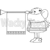 Cartoon Black and White Male Christmas Angel Blowing a Horn with a Banner © djart #1655190