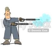 Mischievious Adult Caucasian Man In Blue Coveralls, Playing With Two Power Washer, Or Pressure Washer, Nozzles And Spraying Them Like Guns Clipart Image Graphic © djart #16623