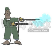 Mischievious Adult African American Man In Green Coveralls, Playing With Two Power Washer, Or Pressure Washer, Nozzles And Spraying Them Like Guns Clipart Image Graphic © djart #16625