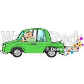 Caucasian Driving A Green Environmentally Friendly Car With Colorful Flowers Flowing Out Of The Muffler Clipart Illustration Image © djart #17000