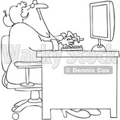 Cartoon Lineart Old Woman Looking up at Her Computer Desk © djart #1706015