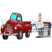 Caucasian Fast Food Manager Man Holding Onto A Gasoline Pump While Filling Up His Red Pickup Truck At A Gas Station Clipart Illustration © djart #17226
