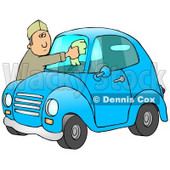 Caucasian Man Leaning Over The Hood Of His Cute Blue Compact Car To Clean The Bug Guts Off Of His Dirty Windshield While Stopped At A Gas Station Clipart Illustration © djart #17228