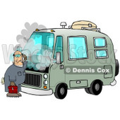 Confused Male Mechanic Scratching His Head While Standing In Front Of A Broken Down Green Rv With Smoke Rising From Under The Engine Hood Clip Art Illustration © djart #17236
