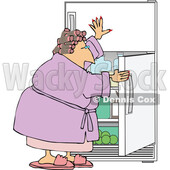 Cartoon Woman in a Robe and Curlers Getting a Midnight Snack or Cooling off at the Fridge © djart #1758069