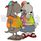 Cool Hippie Dog Couple Wearing Tie Dye Shirts And Sandals, One Dog Flashing The Peace Sign Clipart Illustration © djart #17753