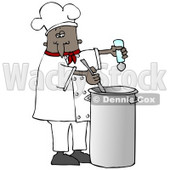 Clipart Illustration of a Black Male Chef In A Red Collared Chefs Jacket And White Chef Hat, Seasoning Soup With A Salt Shaker And Stirring It While Cooking In A Kitchen © djart #18311