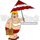 Clipart Illustration of a Chubby White Woman In A Red And White Bikini, Carrying A Beach Umbrella And Picnic Basket At The Beach © djart #18444