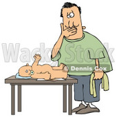 Clipart Illustration of a Disgusted White Man, A Father, Holding His Mouth While Changing A Babie's Diaper © djart #18445