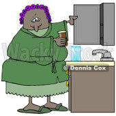 Clipart Illustration of a Black Woman With Her Hair In Purple Curlers, Wearing A Green Robe And Pjs, Putting Medicine Back In The Cabinet In Her Bathroom © djart #18852