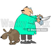 Clipart Illustration of a Scared Dog With Balls, Cowering With Its Legs Between Its Tail As A Male Veterinarian Prepares The Tools For A Neuter Surgery © djart #18949