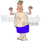 Clipart Picture of a Dorky And Chubby Middle Aged White Man In Blue Swimming Shorts, Flexing His Muscles And Showing Off The Tan Lines From His Farmers Tan While Hanging Out On The Beach On Summer Vacation © djart #19136