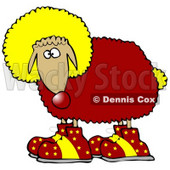 Clipart Illustration of a Funny Sheep Clown Wearing A Yellow Wig, Red Wool, Yellow Tail And Red Shoes With Yellow Stars On Them © djart #19240