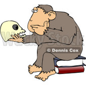 Clipart Illustration of An Intelligent Monkey Gazing At A Human Skull In His Hand, While Sitting On A Pile Of Books, A Parody Of Hugo Rheinhold's "Philosophizing Ape" Sculpture That Was Created In 1892 © djart #19367