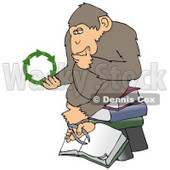 Clipart Illustration Of An Environmental Chimpanzee In Thought, Rubbing His Chin And Sitting On Top Of A Stack Of Books, While Looking At Green Recycling Arrows © djart #19394