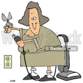 Clipart Illustration of a Lady Cutting The Ground Prong Off Of A Vacuum'e Electrical Plug In Chord In Order To Get It To Fit Into The Socket © djart #20319