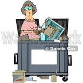 Royalty-Free (RF) Clipart Illustration of a Woman Standing Inside A Dumpster, With A Blank Sign For Text Space On The Front © djart #212109