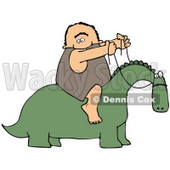 Clipart Illustration of a Happy Caveman Holding The Reins To A Green Dinosaur And Riding On His Back © djart #21556