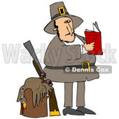 Clipart Illustration of a Male Pilgrim Standing By A Dead Turkey On A Stump And A Rifle, Reading A Book On How To Cook The Bird © djart #24710