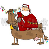 Clipart Illustration of Santa Riding A Cow Decorated In Colorful Christmas Lights © djart #25119