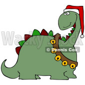 Clipart Illustration of a Green Dinosaur With Red And Green Spikes, Wearing A Santa Hat And Sash Of Jingle Bells © djart #25827