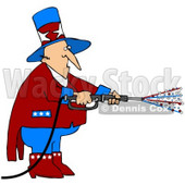 Clipart Illustration of Uncle Sam In Red, White And Blue, Using A Power Washer And Spraying Out Stars On Tax Day Or The Fourth Of July © djart #28225