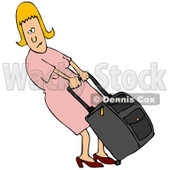 Clipart Illustration of a Blond White Woman In A Pink Dress, Pulling Her Heavy Rolling Luggage © djart #29917