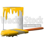 Clipart Illustration of a Wood Handled Paintbrush With Yellow Paint On The Bristles, Resting In Front Of A Can Of Yellow Paint © djart #30591