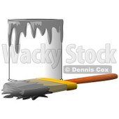 Clipart Illustration of a Wood Handled Paintbrush With Gray Paint On The Bristles, Resting In Front Of A Can Of Gray Paint © djart #30596