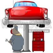 Clipart Illustration of a Black Male Mechanic Holding A Wrench And Working On A Red Classic Car Up On A Lift In A Garage © djart #31523