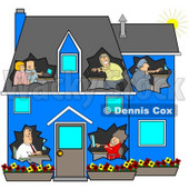Clipart Illustration of a Networked Family Using Their Computers In Their Own Rooms Of A Blue House © djart #41060
