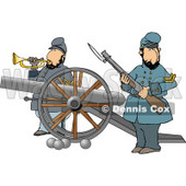 Civil War Soldiers Holding a Loaded Rifle and Playing a Bugler Horn Beside a Cannon On the Battlefield Clipart © djart #4331