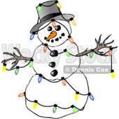 Winter Snowman Decorated with Colorful Christmas Tree Lights Clipart Illustration © djart #5260