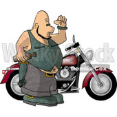 Fat, Bald Biker Man Standing Beside His Motorcycle with an Empty Beer Bottle Clipart Illustration © djart #5602