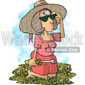 Overwhelmed Woman Looking Down at a Garden Full of Dandelion Weeds Clipart Picture © djart #5904