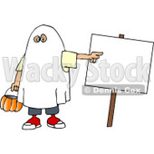 Boy Wearing a Halloween Ghost Costume While Pointing at a Blank Sign Clipart Picture © djart #5911