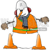Royalty-Free (RF) Clipart Illustration of a Construction Worker Snowman In Warm Clothes And A Hard Hat, Standing Behind Cones © djart #59110