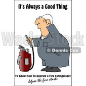 Royalty-Free (RF) Clipart Illustration of a Worker Man Trying To Figure Out How To Use A Fire Extinguisher © djart #59729
