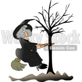 Warty Witch in Black, Sitting on a Broom That is Stuck in a Bare Tree Clipart © djart #6123