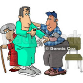Male Nurse Taking a Man’s Blood Pressure Reading While a Senior Woman Walks With a Cane in the Hospital Clipart Picture © djart #6156